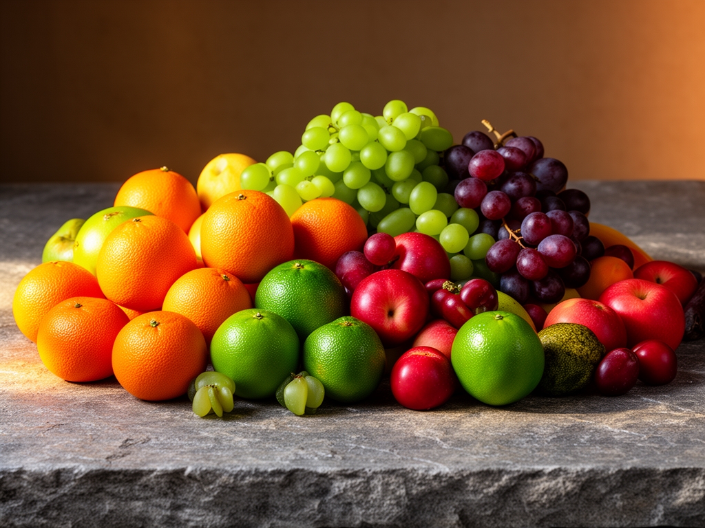 Bogata kolekcija svežeg mediteranskog voća i povrća na kamenom stolu sa toplim bočnim osvetljenjem koje naglašava teksture narandžastih, zelenih i crvenih tonova