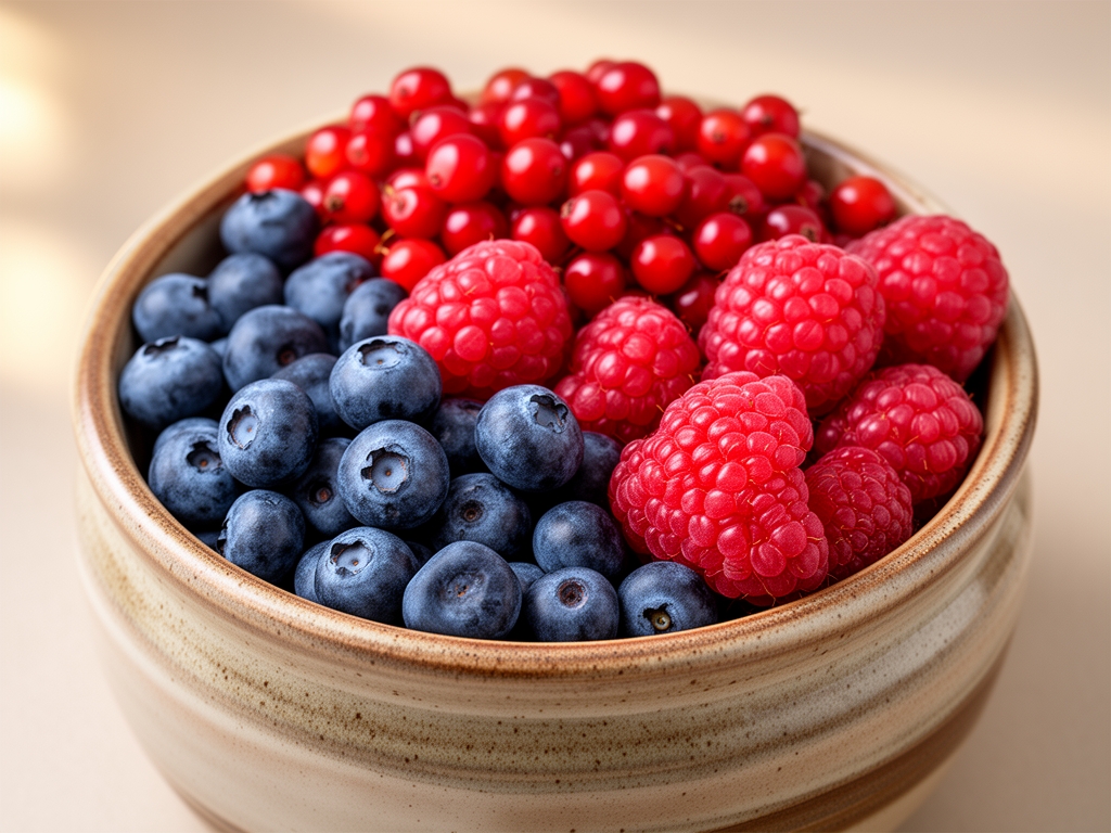 Mešavina svežeg bobičastog voća – borovnica, malina, brusnica – u rustičnoj keramičkoj zdeli sa mekim pozadinskim svetlom