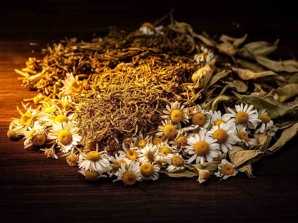 Elegantno raspoređene suve začinske biljke, cvetovi kamilice i osušeni listovi na tamnoj drvnoj površini, sa toplim direktivnim svetlom koje naglašava zlataste teksture