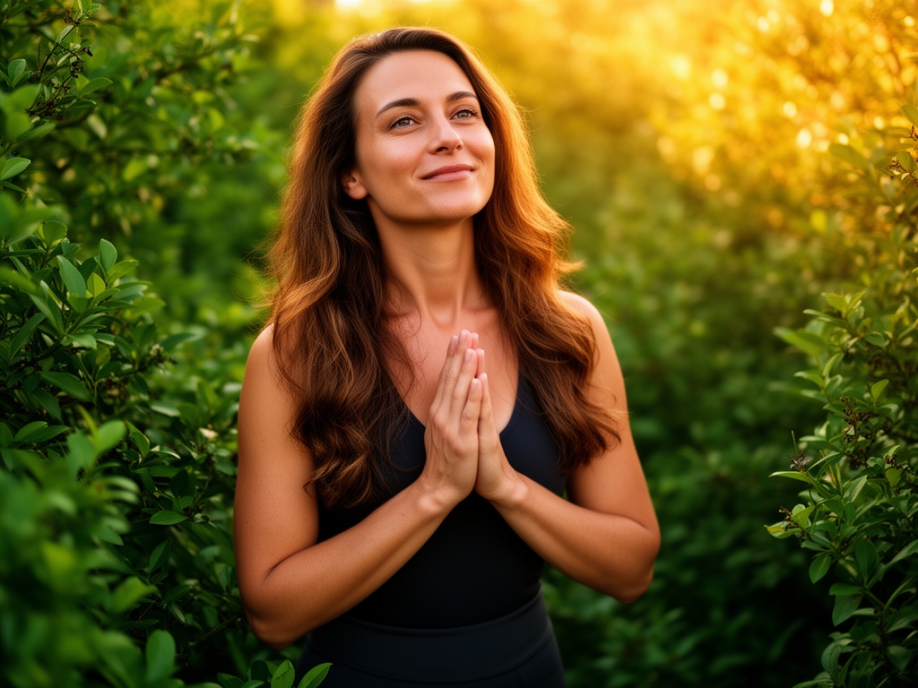 Osoba u mirnom okruženju prirode, okružena zelenilom, u stavu koji sugeriše opuštenost i harmoniju sa okruženjem, toplo popodnevno svetlo